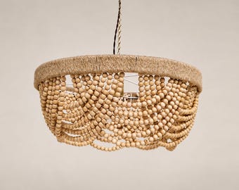 Handcrafted Wooden Bead Chandelier, Boho Pendant Light, Farmhouse Coastal Decor