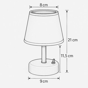 May include: A sketch of a small table lamp. The lamp has a conical shade, a slender stem, and a round base. The lamp is 8 cm wide, 9 cm in diameter at the base, and 21 cm tall. The base is 11.5 cm tall.