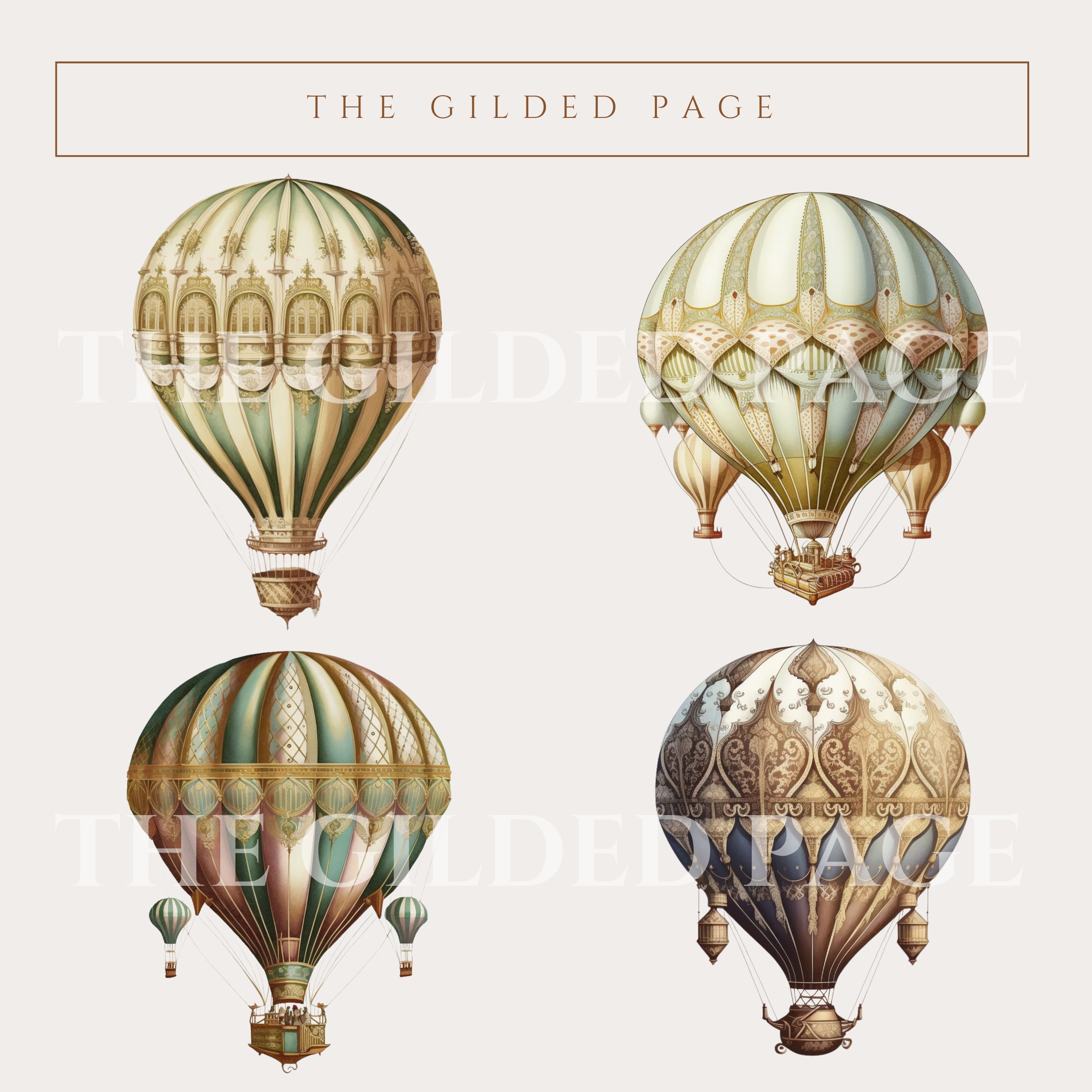 10 Vintage Hot Air Balloons - Vintage Illustration, Painted Hot Air ...
