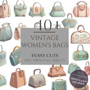 Op de afbeelding: Een illustratie van vintage handtassen in pastelkleuren, waaronder roze, blauw en beige. De afbeelding bevat de tekst "40+ VINTAGE WOMEN'S BAGS FUSSY CUTS PDF PRINTING SHEETS" en een verwijzing naar een "VINTAGE LADY MEGAPACK".