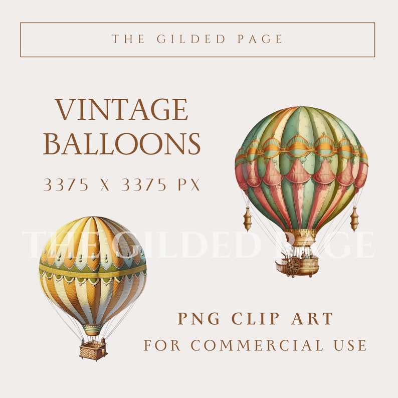 10 Vintage Hot Air Balloons - Vintage Illustration, Painted Hot Air ...
