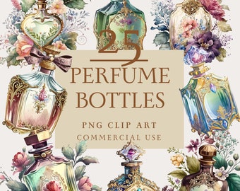 Può includere: Un assortimento di 25 bottiglie di profumo in varie forme e colori, circondate da composizioni floreali. Le bottiglie presentano disegni ornati e accenti dai toni gioiello. Il testo sull'immagine recita "PERFUME BOTTLES" e "PNG CLIP ART COMMERCIAL USE."