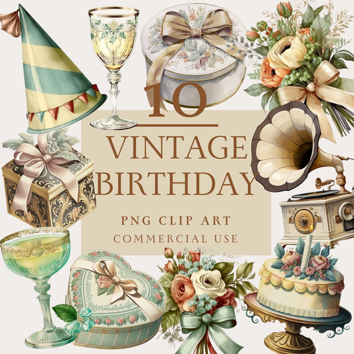 10 Vintage Birthday Clipart Vintage Illustration, Birthday Clipart