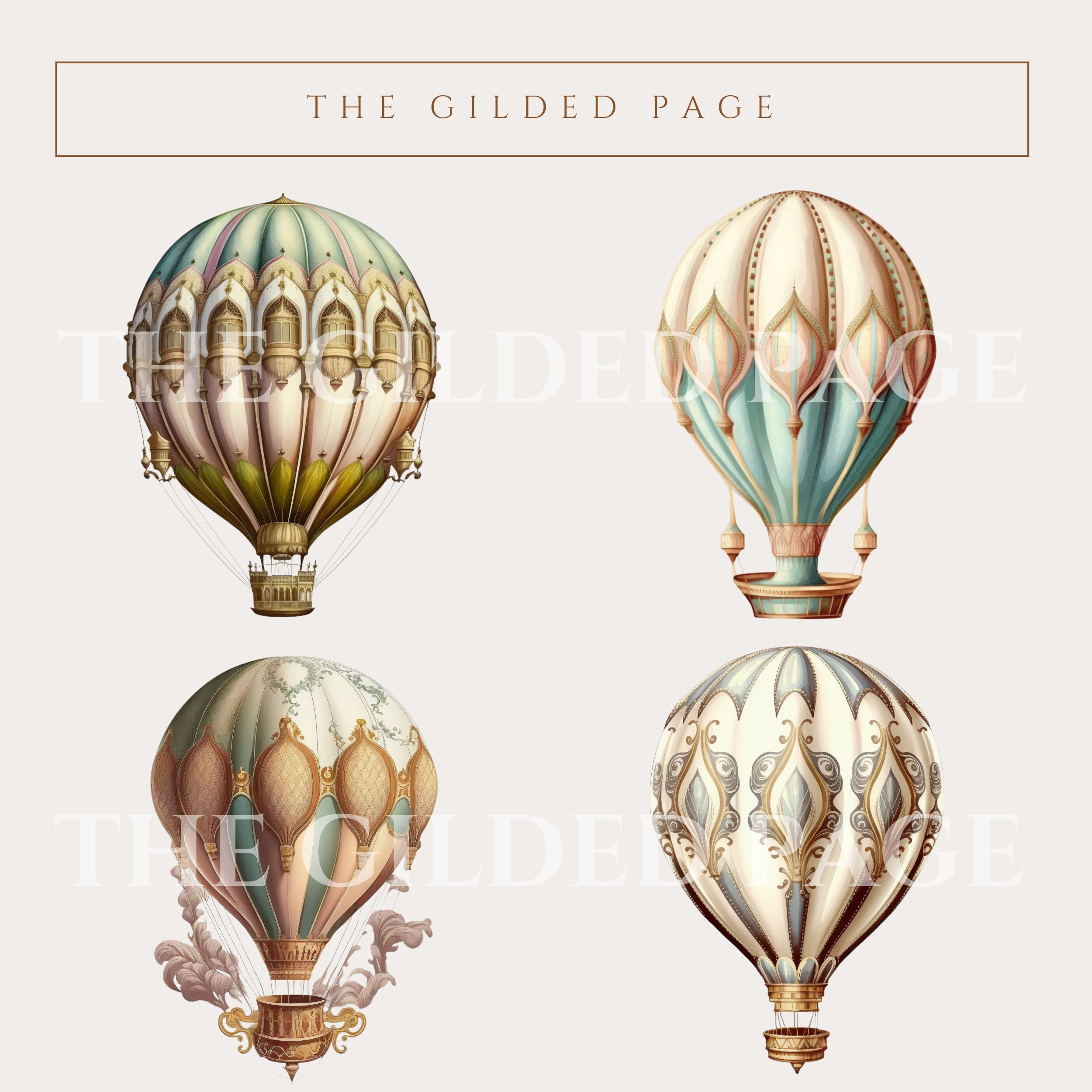 10 Vintage Hot Air Balloons - Vintage Illustration, Painted Hot Air ...