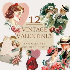 12 Vintage Valentine&#39;s - Vintage Illustration, Valentines Clipart, Holiday Clipart, Instant Download, Commercial Use, PNG, The Gilded Page