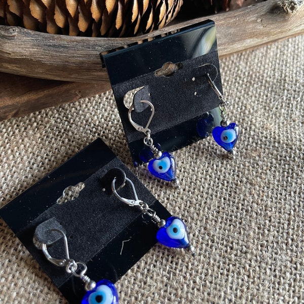 Evil Eye heart Earrings on stainless steel hoops, protection energy against negativity