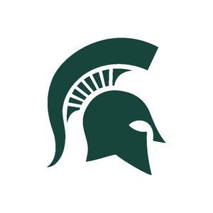 May include: A green Spartan helmet with a plume on top. The helmet is a common symbol for the state of Michigan.
