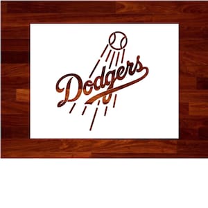 May include: Wooden Dodgers logo with a baseball and stylized lines, set against a white background. The logo features the team name in a cursive font, with a baseball above and lines suggesting motion. The design is on a white background.