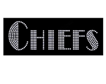 May include: A black and white image of the word "CHIEFS" spelled out in white rhinestones on a black background.