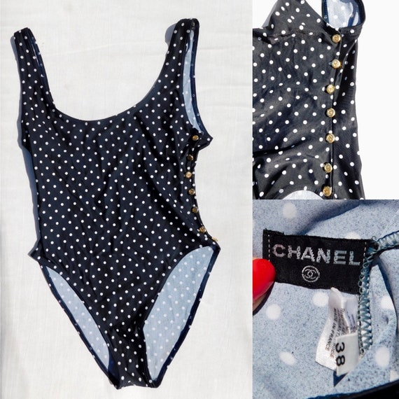 Authentic Chanel 1980s one-piece swimsuit with gol