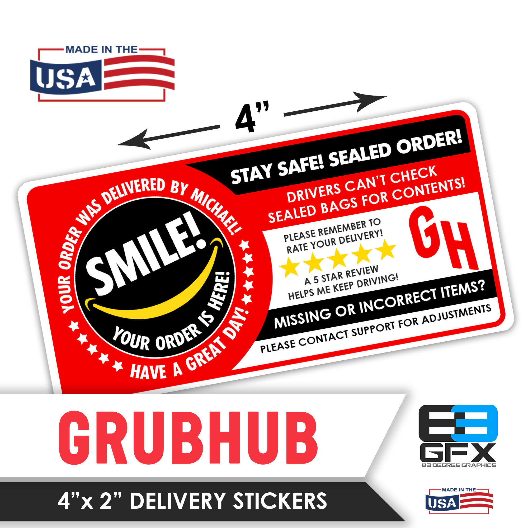 Food Delivery 20 Stickers Per Sheet Delivery Bag Stickers Grubhub 2x2-5 Stars