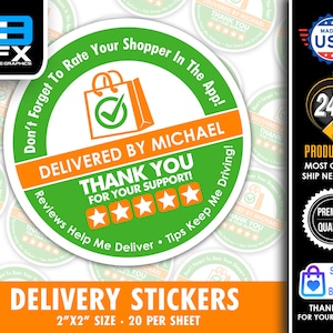 Personalized! 2" [ FIVE STAR ]  Delivery Driver Bag Stickers - 20 Stickers Per Sheet- Food Delivery