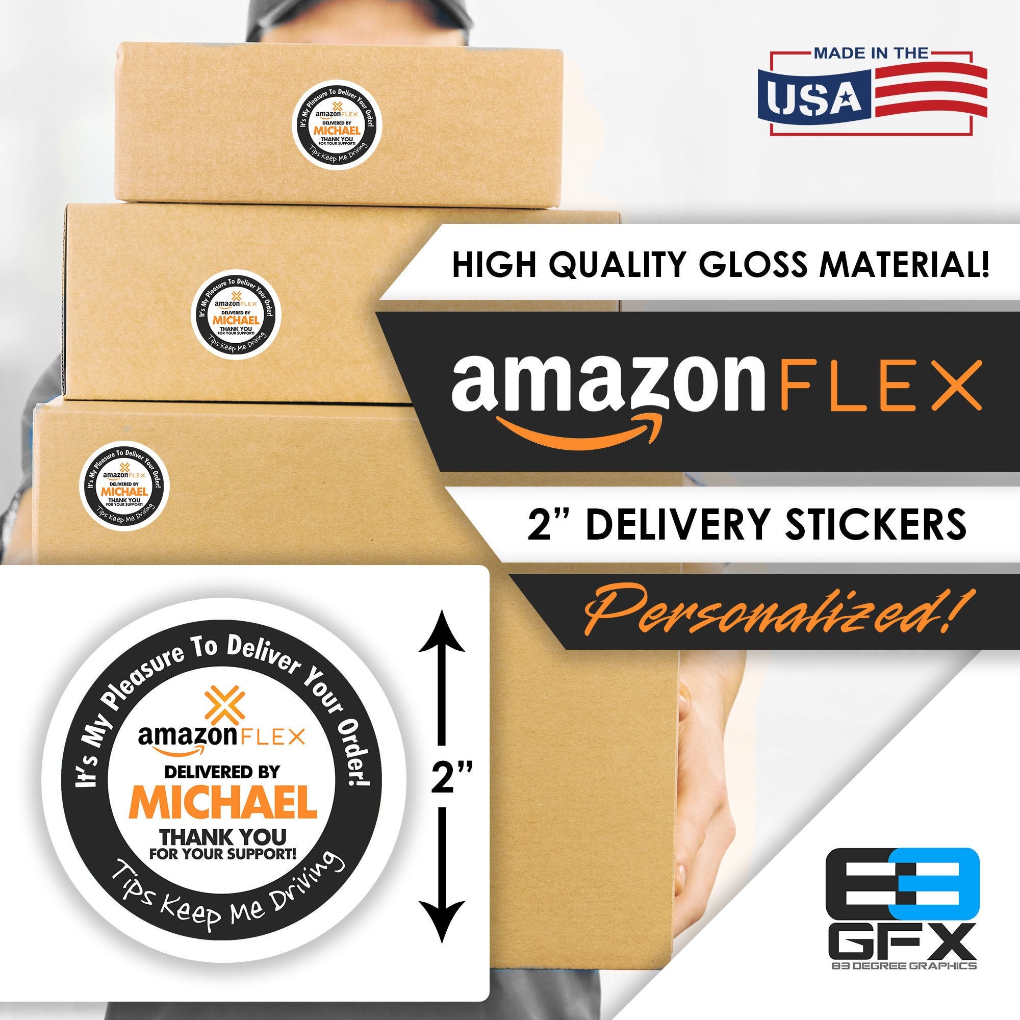 Personalized! Amazon FLEX 2x2 (Tips Keep Me Driving) Delivery Stickers 20 Stickers Per Sheet