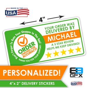 Personalized 4x2 Order Checked 5 Star Rating Delivery Shopper Bag Stickers 10 Stickers Per Sheet Food Delivery image 2