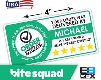 Personalized! Bite Squad 4"x2" 5 Star Rating Delivery Bag Stickers - 10 Stickers Per Sheet- Food Delivery