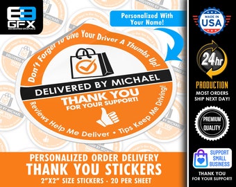 Personalized! 2" [ Thumbs Up ]  Orange Delivery Driver Bag Stickers - 20 Stickers Per Sheet- Food Delivery