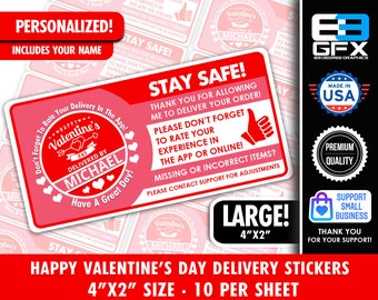 Personalized! Happy Valentine's Day - 4"x2" Delivery Driver Bag Stickers - 10 Stickers Per Sheet- Food Delivery