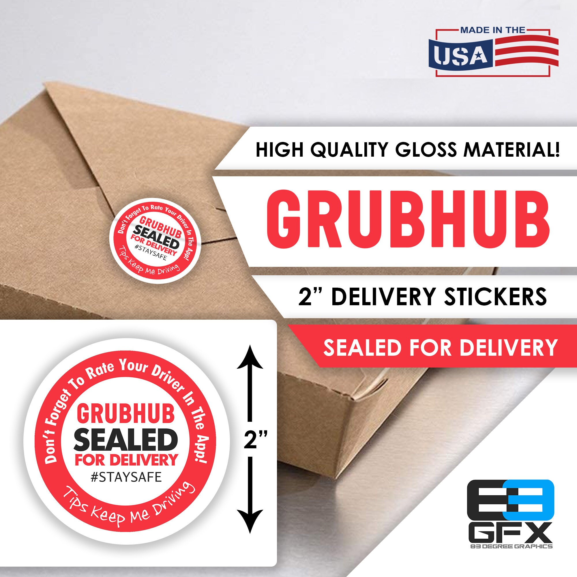 Grubhub 2x2 (Sealed For Delivery) Box/Bag Stickers 20 Stickers Per
