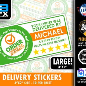 Personalized 4x2 Order Checked 5 Star Rating Delivery Shopper Bag Stickers 10 Stickers Per Sheet Food Delivery image 1