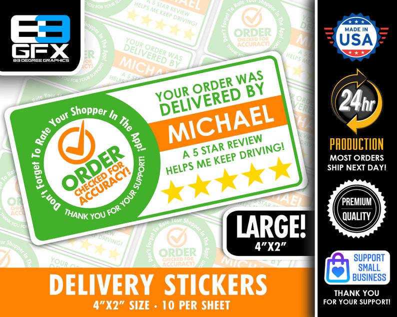 Personalized 4x2 Order Checked 5 Star Rating Delivery Shopper Bag Stickers 10 Stickers Per Sheet Food Delivery image 1