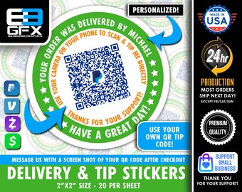 Personalized! Delivery 2"x2" "DIRECT TIP" QR Code Delivery Bag Stickers - 20 Stickers Per Sheet
