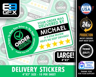 Personalized! 4"x2" 5 Star Rating Delivery Bag Stickers - 10 Stickers Per Sheet- Food Delivery