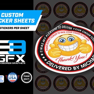 Personalized!  2" [ Smile 2 Thumbs Up ] Delivery Driver Bag Stickers - 20 Stickers Per Sheet- Food Delivery