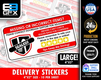 Red Delivery 4"x2" [Missing Items - Ratings & Tips ] Delivery Driver Bag Stickers - 10 Stickers Per Sheet- Food Delivery