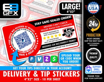 Personalized! Delivery 4"x2" "DIRECT TIP QR Code Delivery & Missing Items Bag Stickers - 10 Stickers Per Sheet