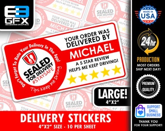 Personalized! Red Delivery 4"x2" [Order Sealed] 5 Star Rating Delivery Shopper Bag Stickers - 10 Stickers Per Sheet- Food Delivery
