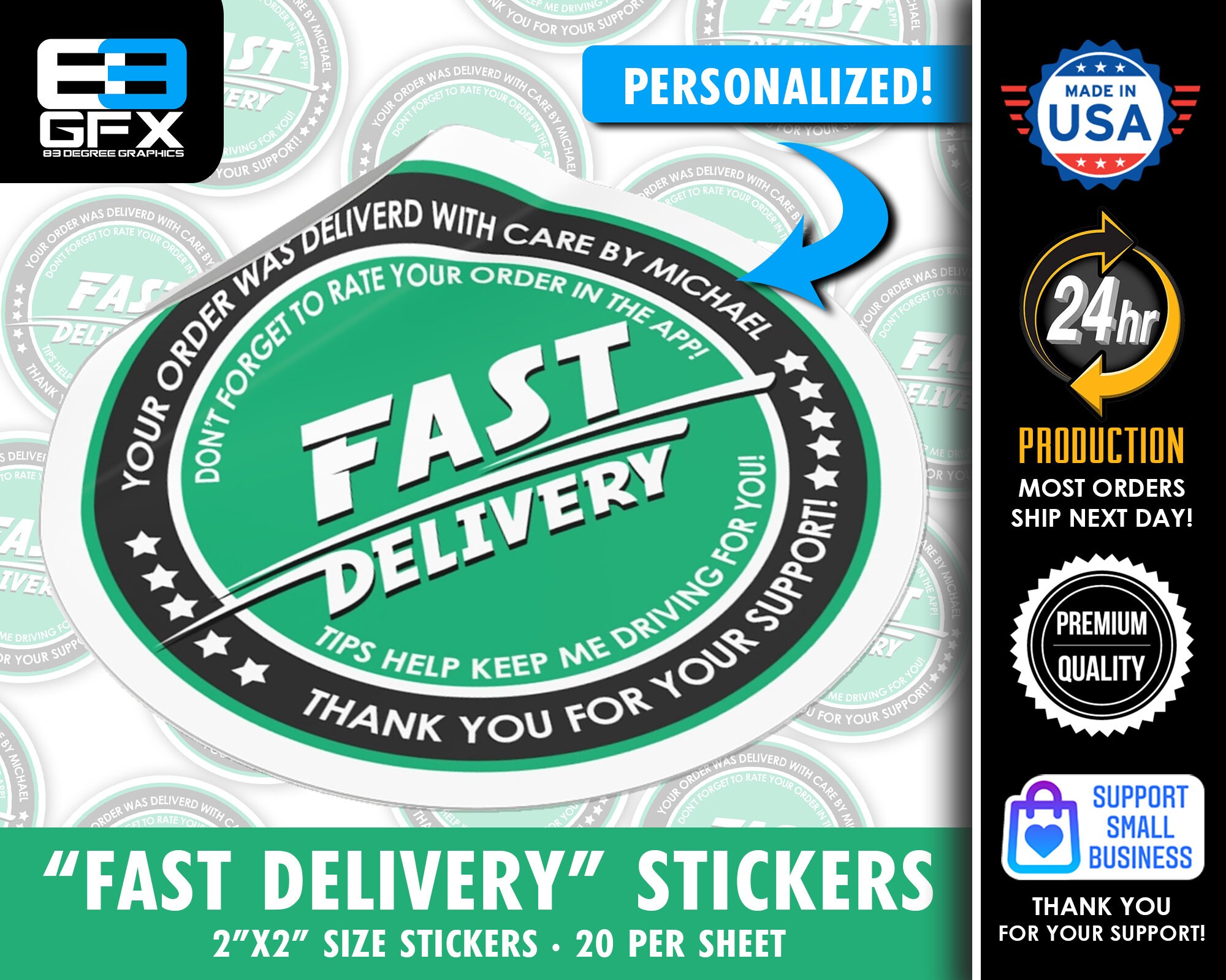 Personalized! FAST DELIVERY 2 Delivery Driver Bag Stickers 20