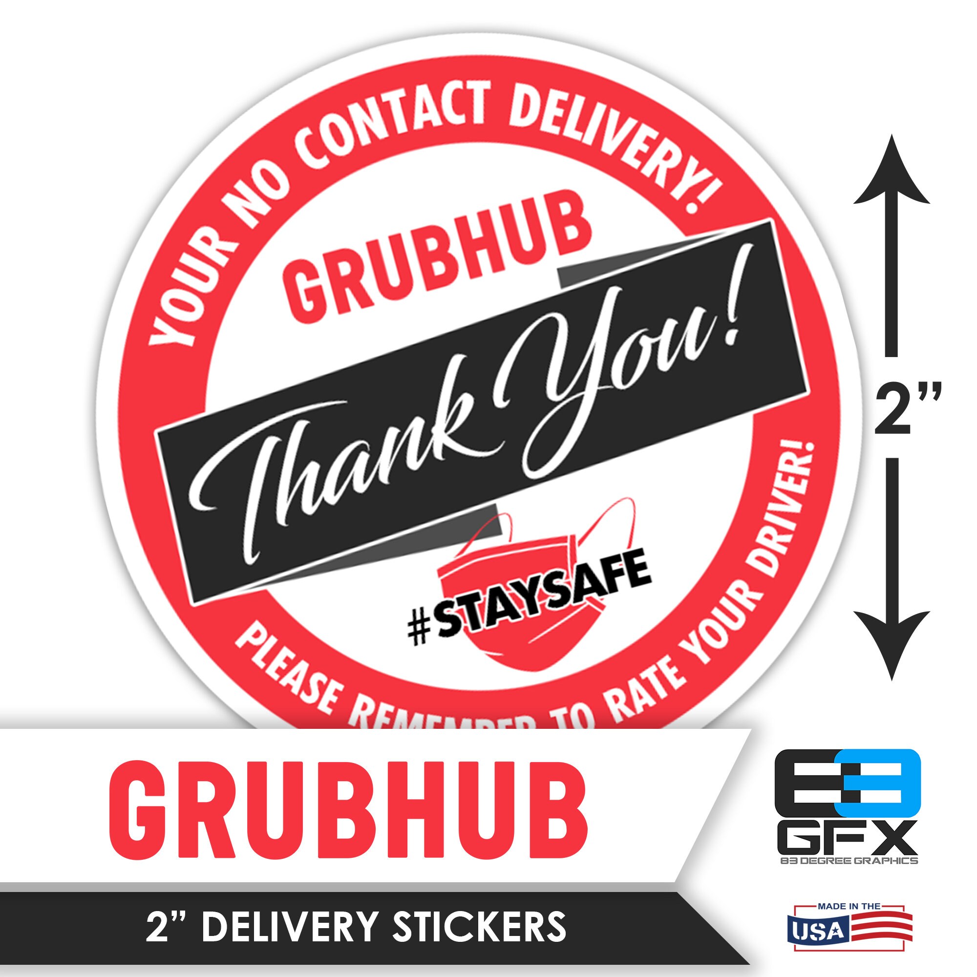 Grubhub 2x2 No Contact Delivery Bag or Box Stickers 20 Stickers