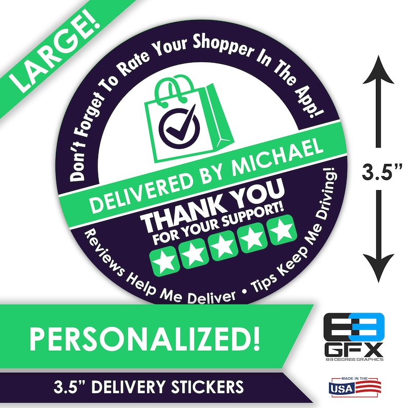 Delivery Bag Stickers 6 Stickers Per Sheet- Food Delivery 5 Star Bag 3.5 LARGE Personalized