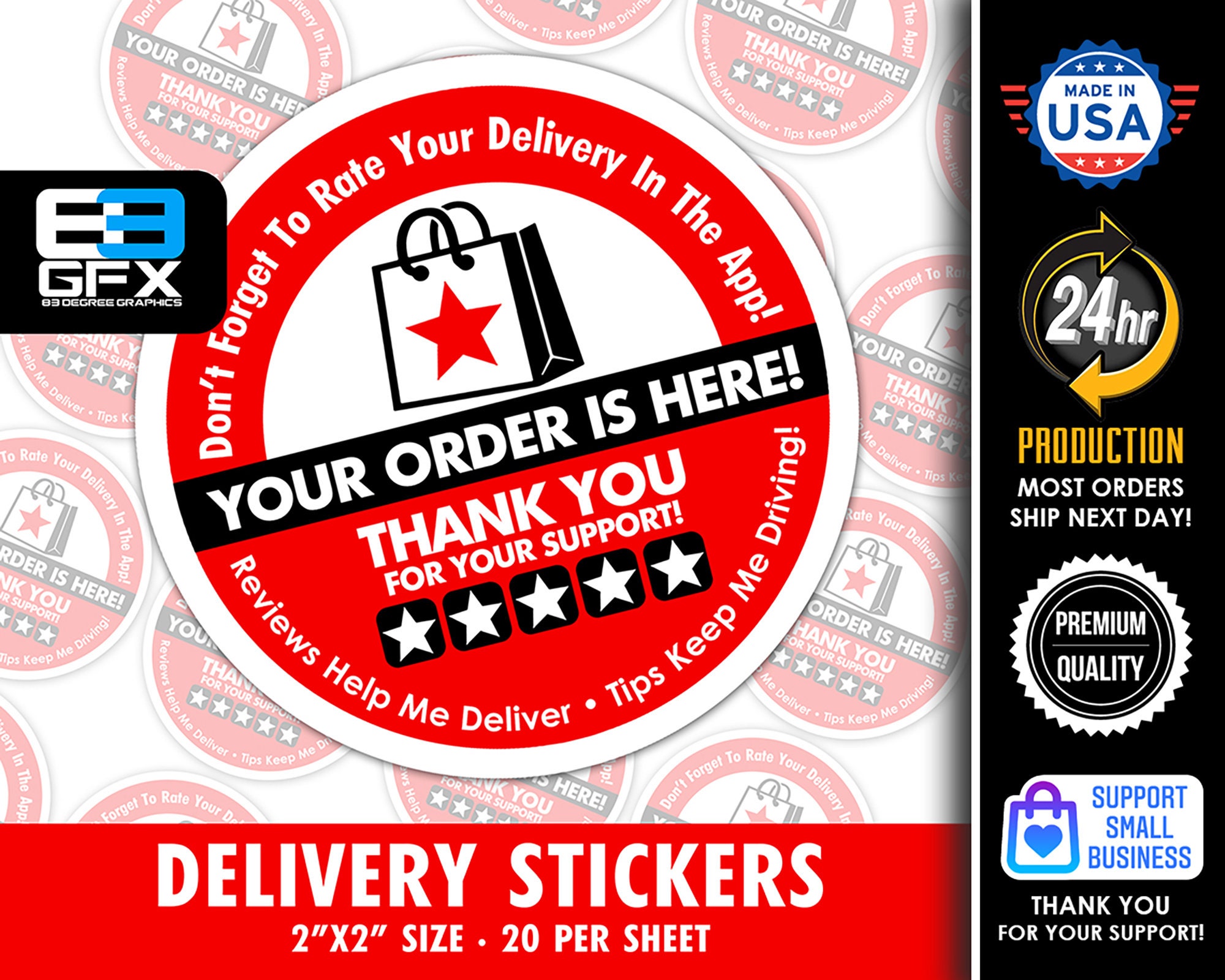 2 [ Your Order Is Here ] Red Delivery Driver Bag Stickers 20 Stickers