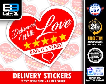 Red Delivery Heart 2.25" [Delivered With Love] Delivery Bag Stickers - 15 Stickers Per Sheet- Food Delivery