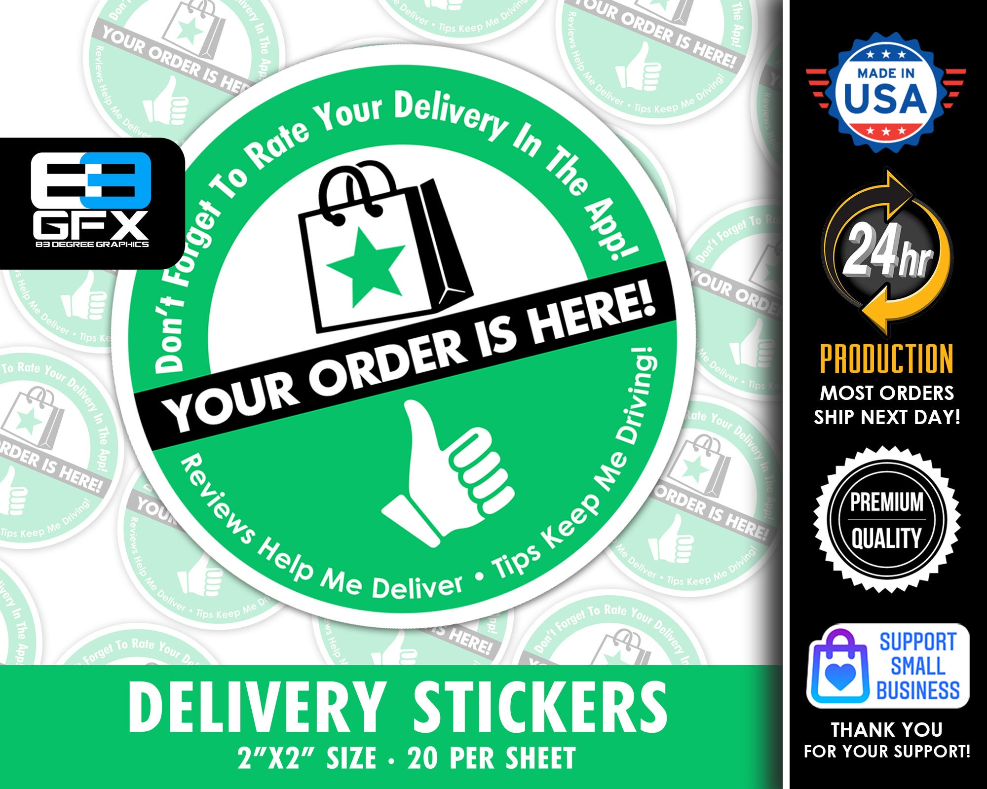 Green Delivery 2x2 5 Stars Delivery Bag Stickers 20 Stickers Per