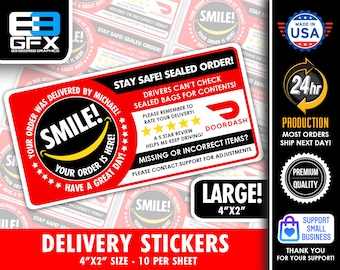 Personalized!  Doordash Themed Delivery 4"x2" 5 Star Rating Delivery & Missing Items Bag Stickers - 10 Stickers Per Sheet- Food Delivery