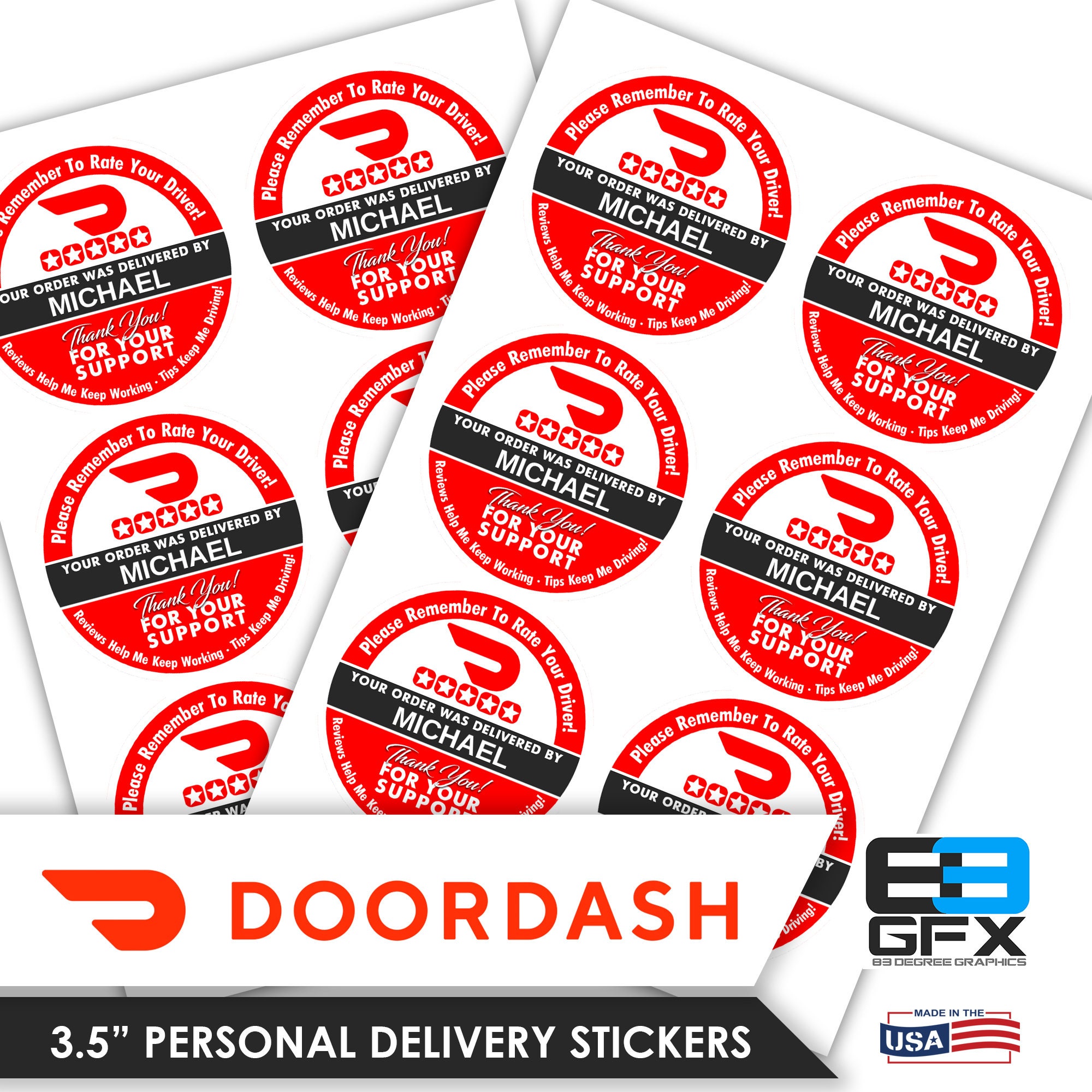 LARGE Personalized! Doordash 3.5 Delivery Bag Stickers 6 Stickers Per