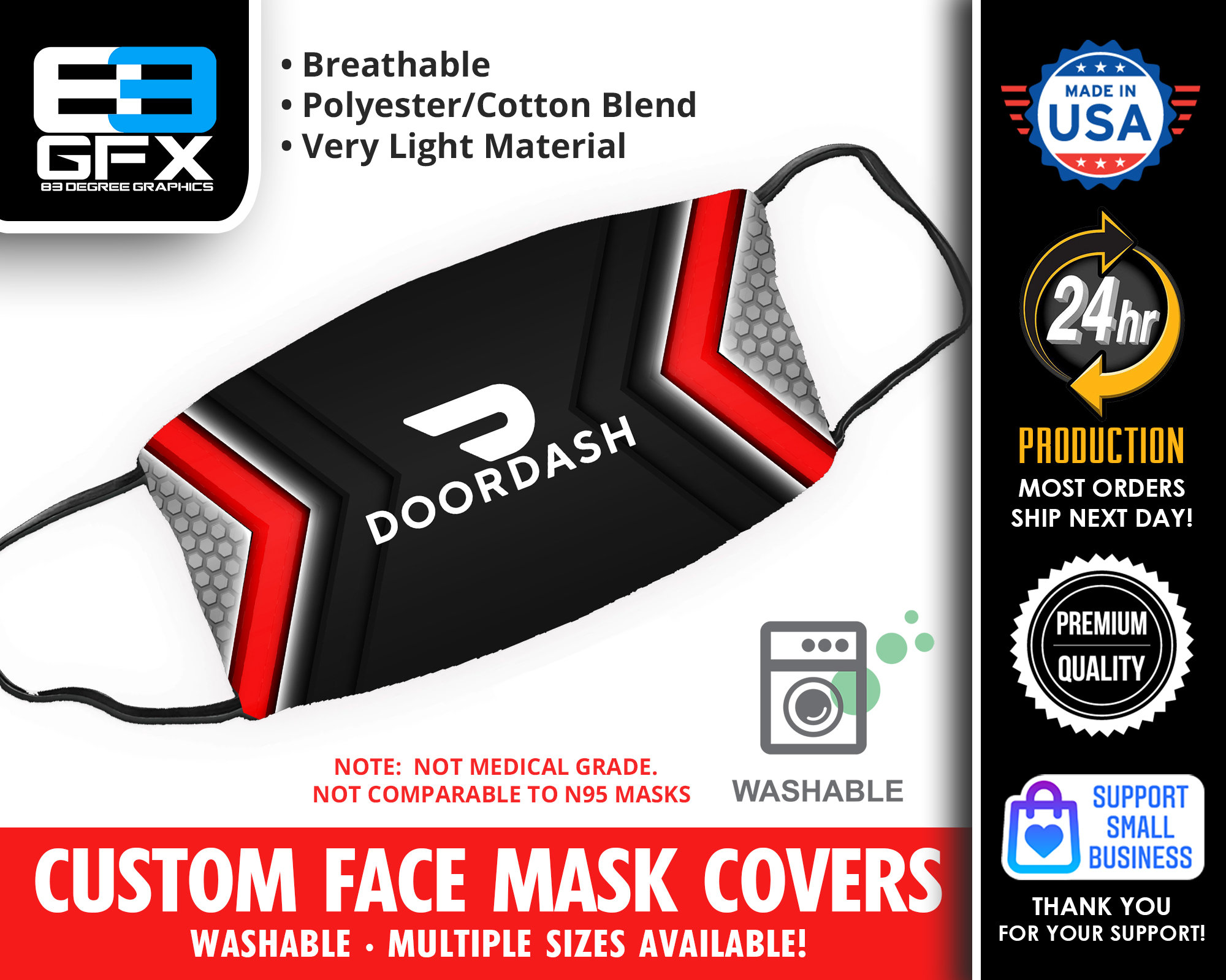 Doordash Face Mask Cover Multiple Sizes Available Lightweight