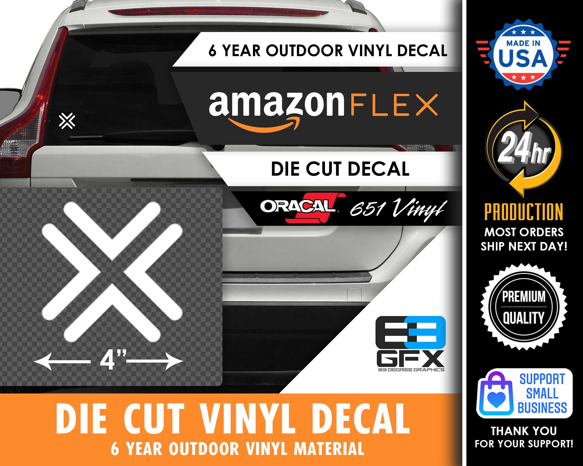 4 Wide Amazon FLEX X White Vinyl Decal/Sticker- Food Delivery