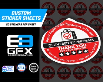 Personalized! 2" [ FIVE STAR ]  Red Delivery Driver Bag Stickers - 20 Stickers Per Sheet- Food Delivery
