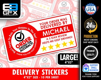 Red Delivery Personalized! 4"x2" [Order Checked] 5 Star Rating Delivery Shopper Bag Stickers - 10 Stickers Per Sheet- Food Delivery