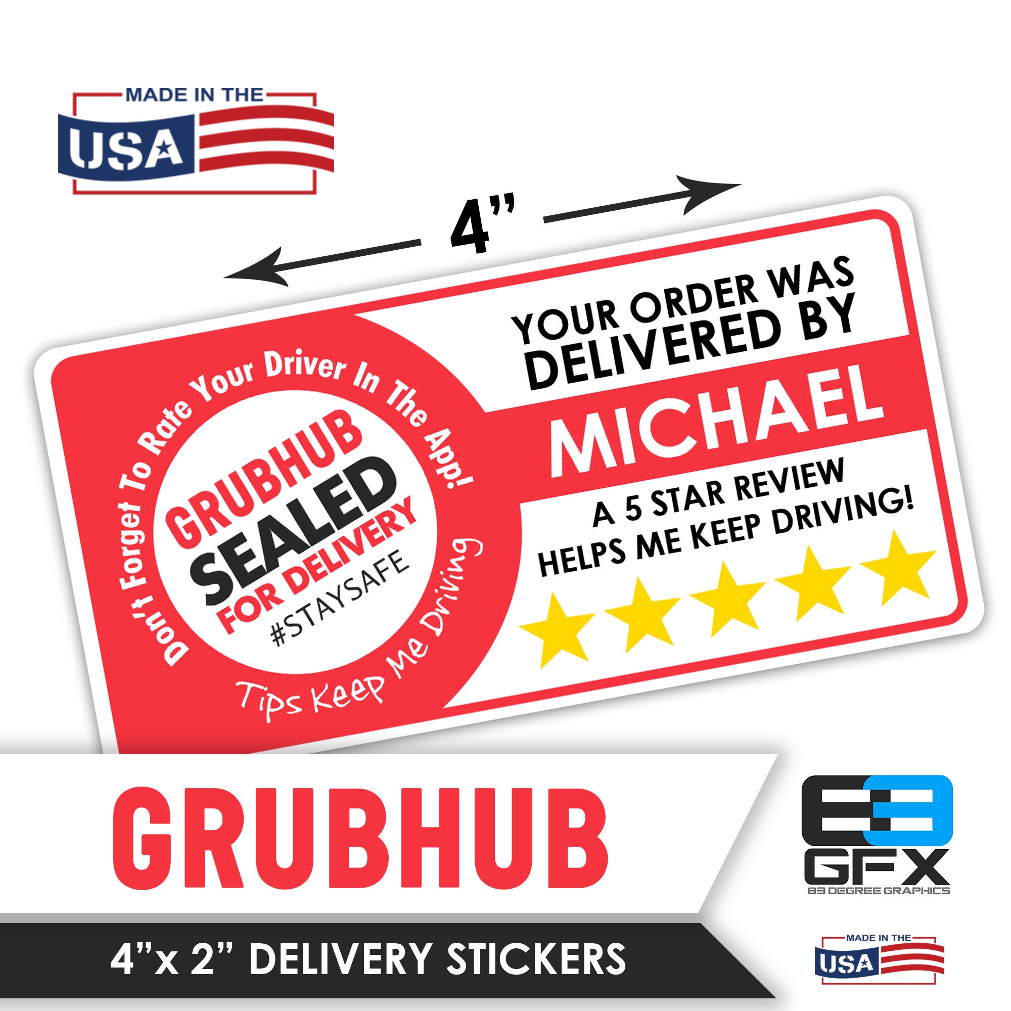 Food Delivery 20 Stickers Per Sheet Delivery Bag Stickers Grubhub 2x2-5 Stars