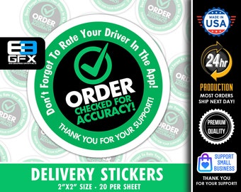 2"x2" Delivery "Order Checked For Accuracy" Bag Stickers - 20 Stickers Per Sheet- Food Delivery