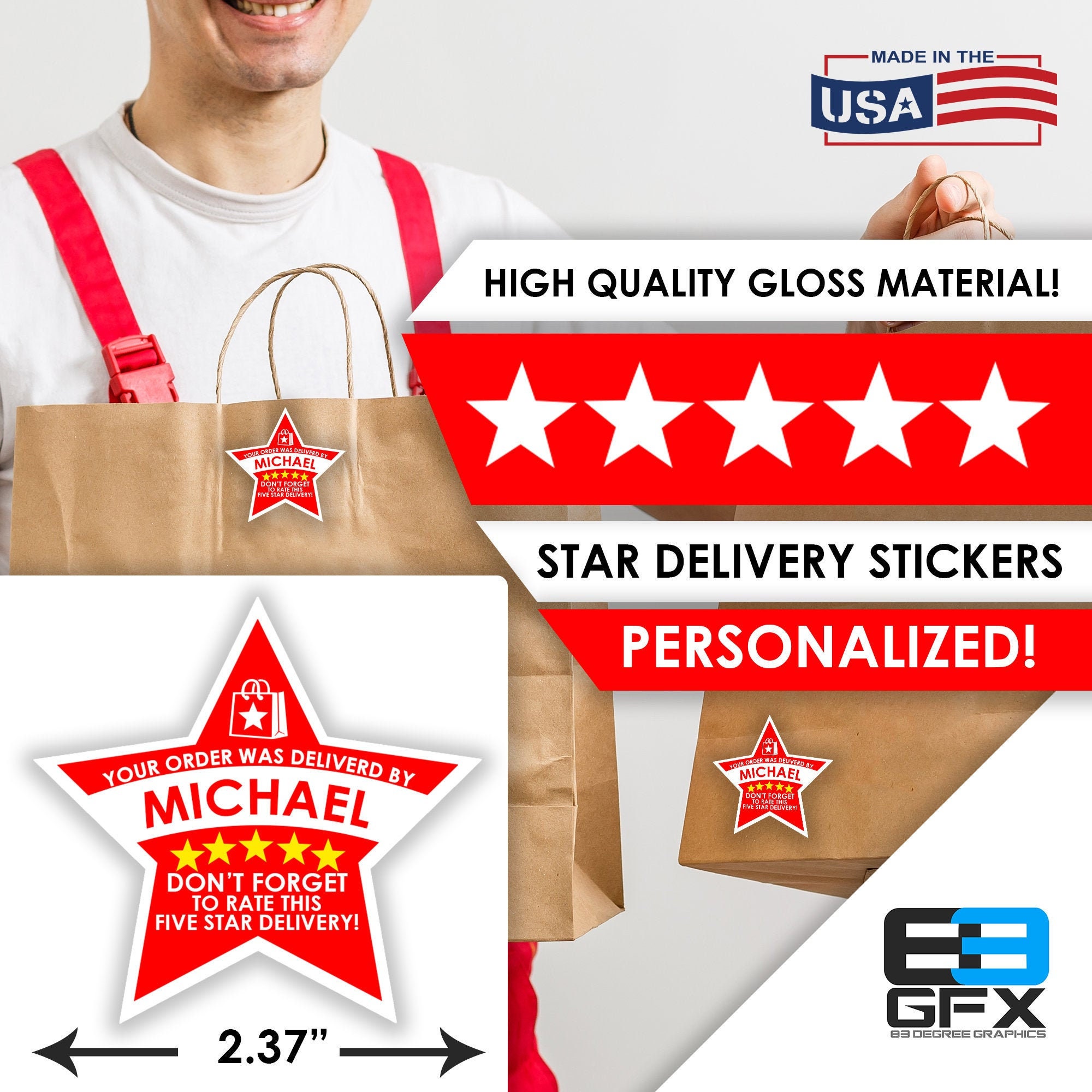 Doordash PERSONALIZED Star 2.37 [5 STAR DELIVERY] Delivery Bag Stickers