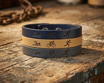 Triathlon Bracelet personalised leather with choice of colours and adjustable length  – Gift Boxed