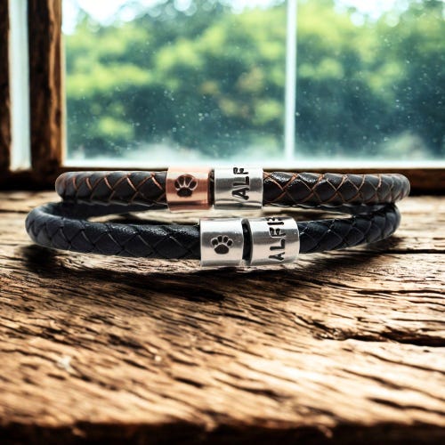 Personalised Pet Memorial Bracelet: Braided Leather Dog Lover Gift