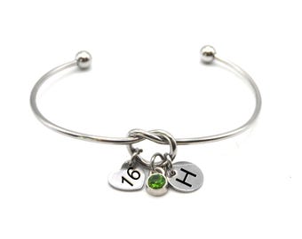 Personalised 16th Birthday Knot Bracelet with Initial & Birthstone