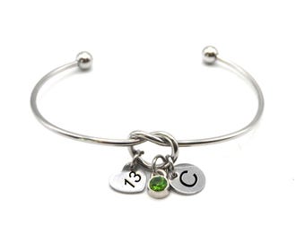 Personalised 13th Birthday Knot Bracelet with Initial Age & Birthstone - Choice of Colours