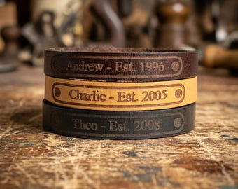 Personalised Birthday Bracelet: Engraved Leather with Custom Name and Year Keepsake Gift